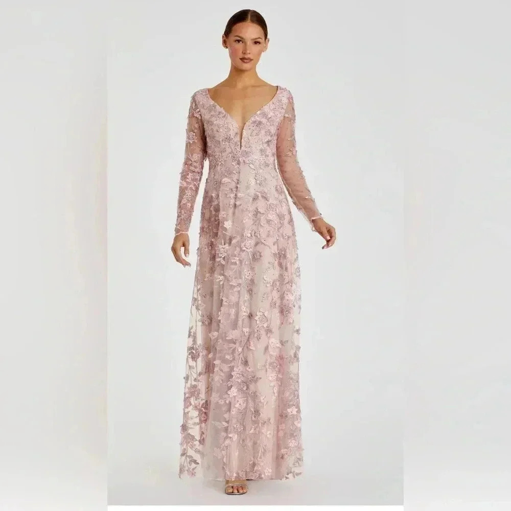 MAC DUGGAL Light Pink Floral Applique Long Sleeve Illusion Gown Style 70224 NWT